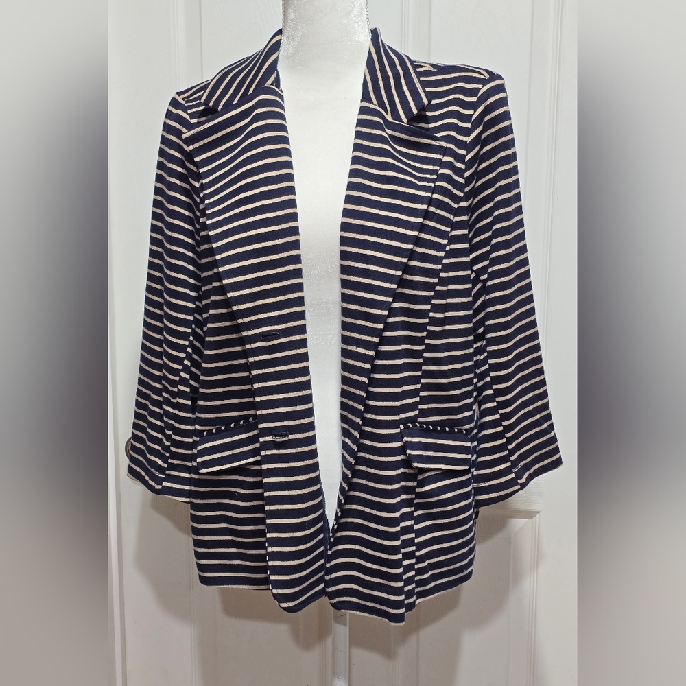 Joan Rivers Tan & Navy Blue Striped Ponte Knit Blazer Jacket - Picture 6 of 10